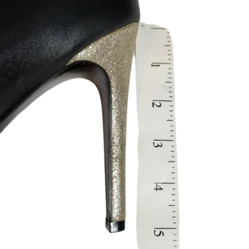 CHARLES By Charles David Black Leather Platform Pump Embellished Glitter Heel 8.
